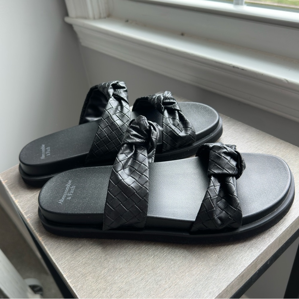 Abercrombie & Fitch Braided Double-Strap Slide Sandals - Black